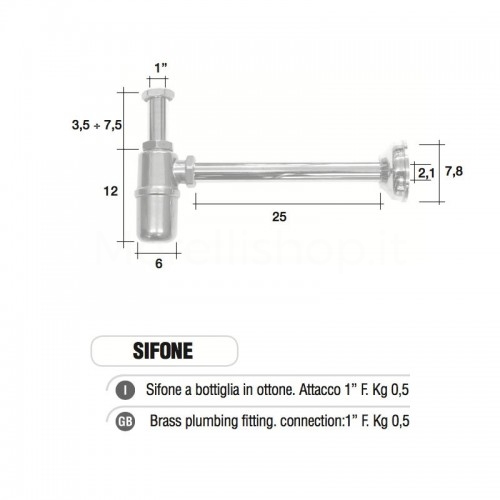 Sifone a bottiglia cromato su base in ottone Made in Italy Morelli