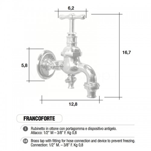 Rubinetto in ottone Mod. FRANCOFORTE con portagomma e dispositivo antigelo Morelli