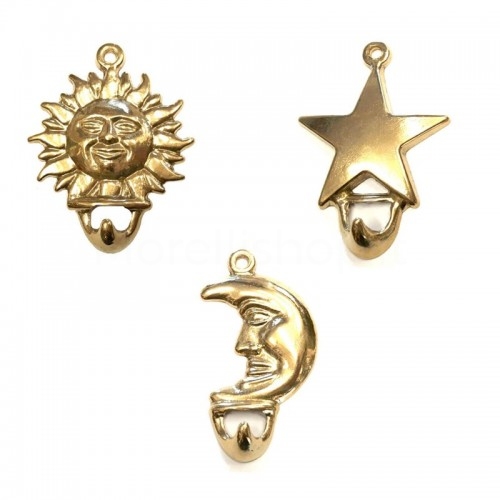 Trio of Natural Brass Hanger Hooks in the shape of Moon, Sun and Star