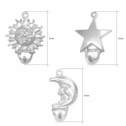 Tris di Ganci appendino in ottone naturale a forma di Luna, sole e Stella